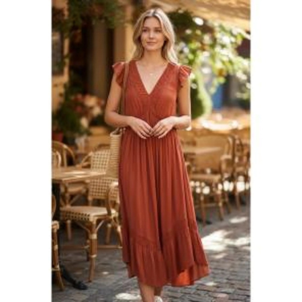 NWT Anthropologie Solene Midi Dress‎ Rust Orange Ruffle V-Neck High Low